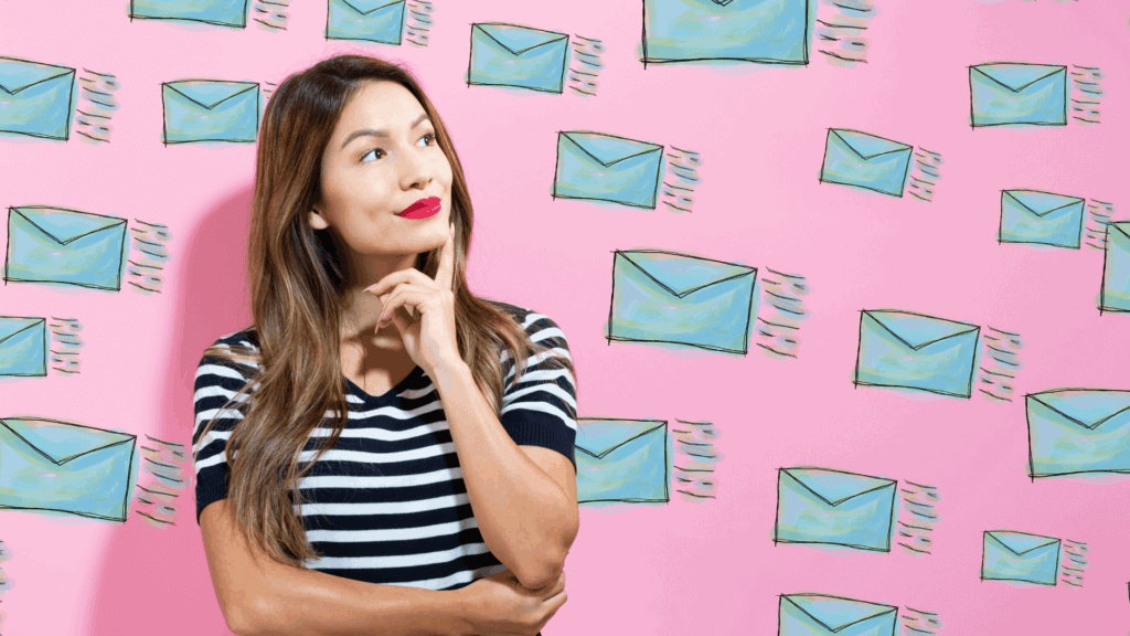 Pensive Woman Against Background with Email Envelopes